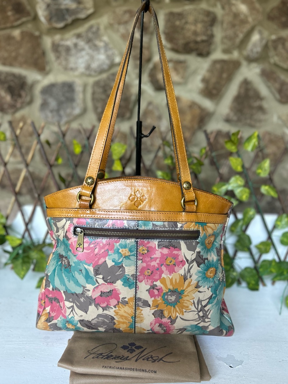 Patricia Nash First Bloom Floral Hand Painted Leather Tote Shoulder Bag w/ dusty